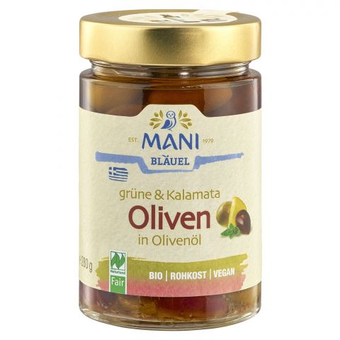 Gr�ne & Kalamata Oliven in Oliven�l mit Kr�utern (Mani - Bl�uel)