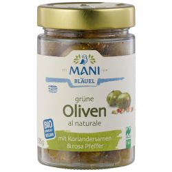 Grne Oliven al naturale mit Koriandersamen & rosa Pfeffer (Mani)