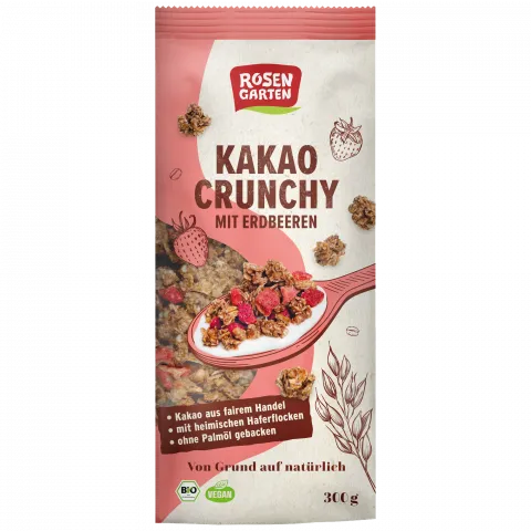 Kakao-Crunchy mit Erdbeeren (Rosengarten)