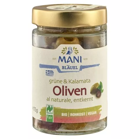 Grne & Kalamata Oliven, al Naturale, entkernt RAW (Mani-Bluel)