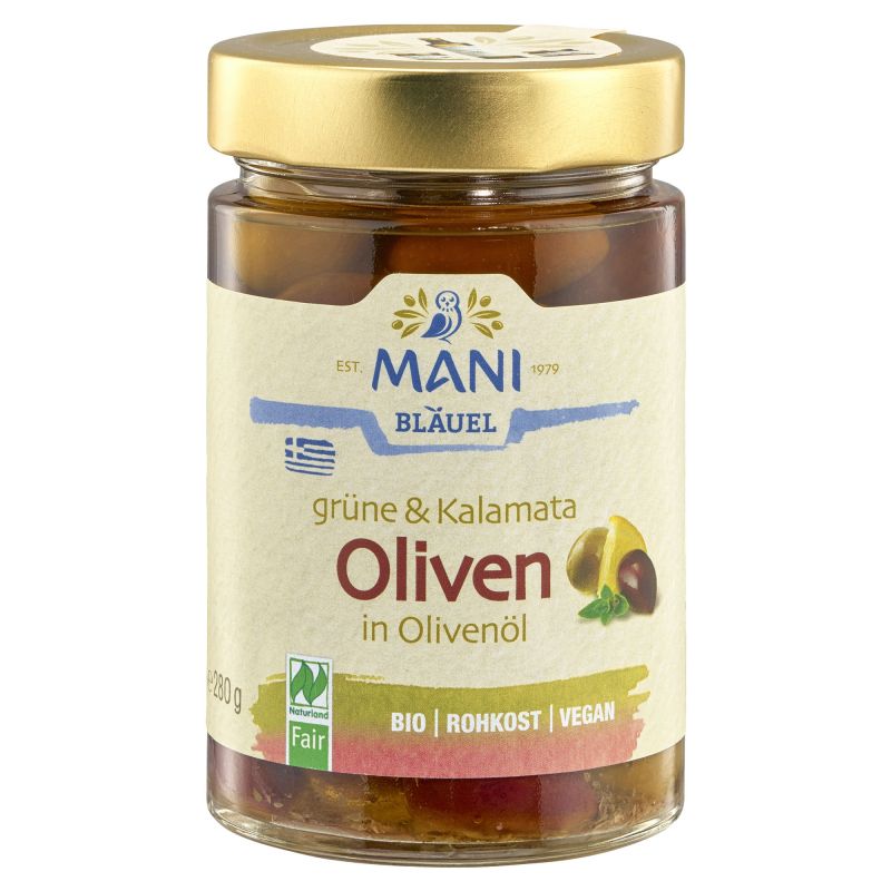 Grüne &amp; Kalamata Oliven, in Olivenöl mit Kräutern von Mani - Bläuel