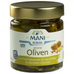 Grüne Oliven mit Fenchel, rosa Pfeffer, in Zitronen-Olivenöl (Mani)