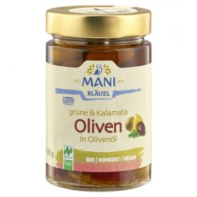 Grne & Kalamata Oliven, in Olivenl mit Krutern (Mani - Bluel)